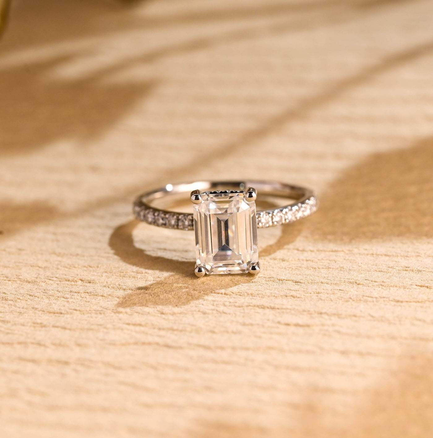 1.0 CT Emerald Cut Hidden Halo Moissanite Engagement Ring