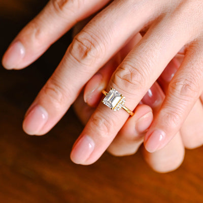 1.0 CT Emerald Cut Cluster Diamond Moissanite Engagement Ring