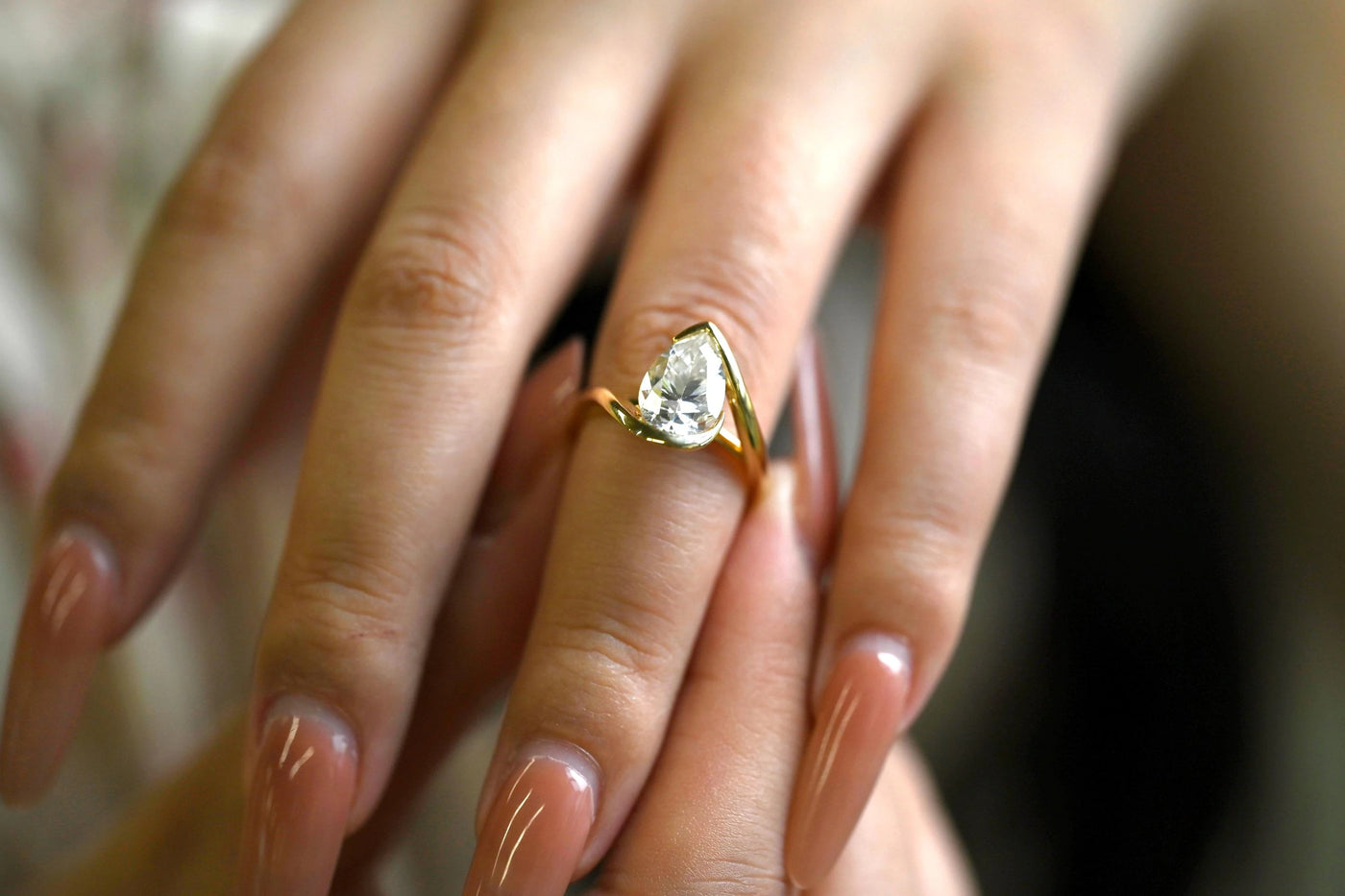 1.50CT Pear Cut Half Bezel Hidden Halo Moissanite Engagement Ring