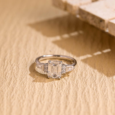 1.0CT Emerald Cut Cluster Moissanite Engagement Ring