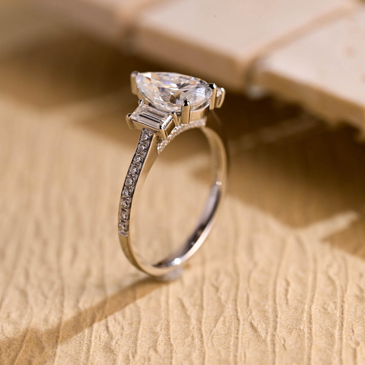 1.50 CT Pear Diamond Three Stone Moissanite Engagement Ring
