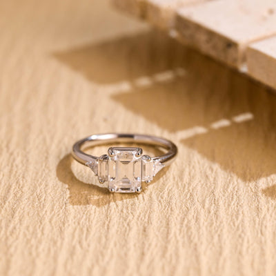 1.0CT Emerald Cut Cluster Diamond Moissanite Engagement Ring