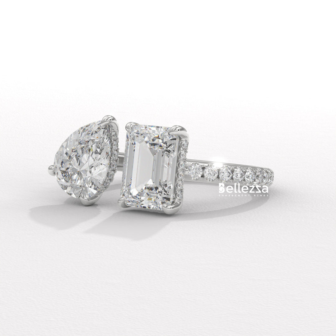 1.0CT Pear & Emerald Cut Hidden Halo Open Style Two Stone Lab Grown Ring