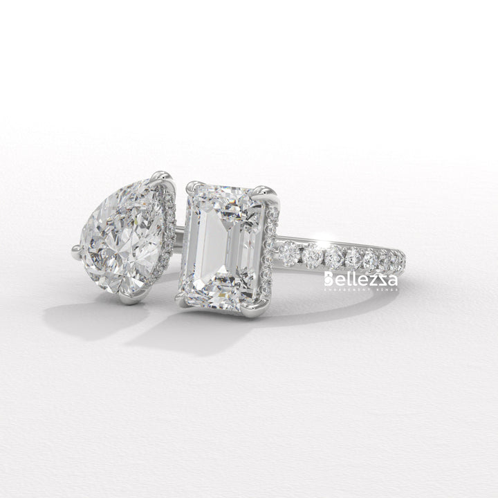 1.0CT Pear & Emerald Cut Hidden Halo Open Style Two Stone Lab Grown Ring