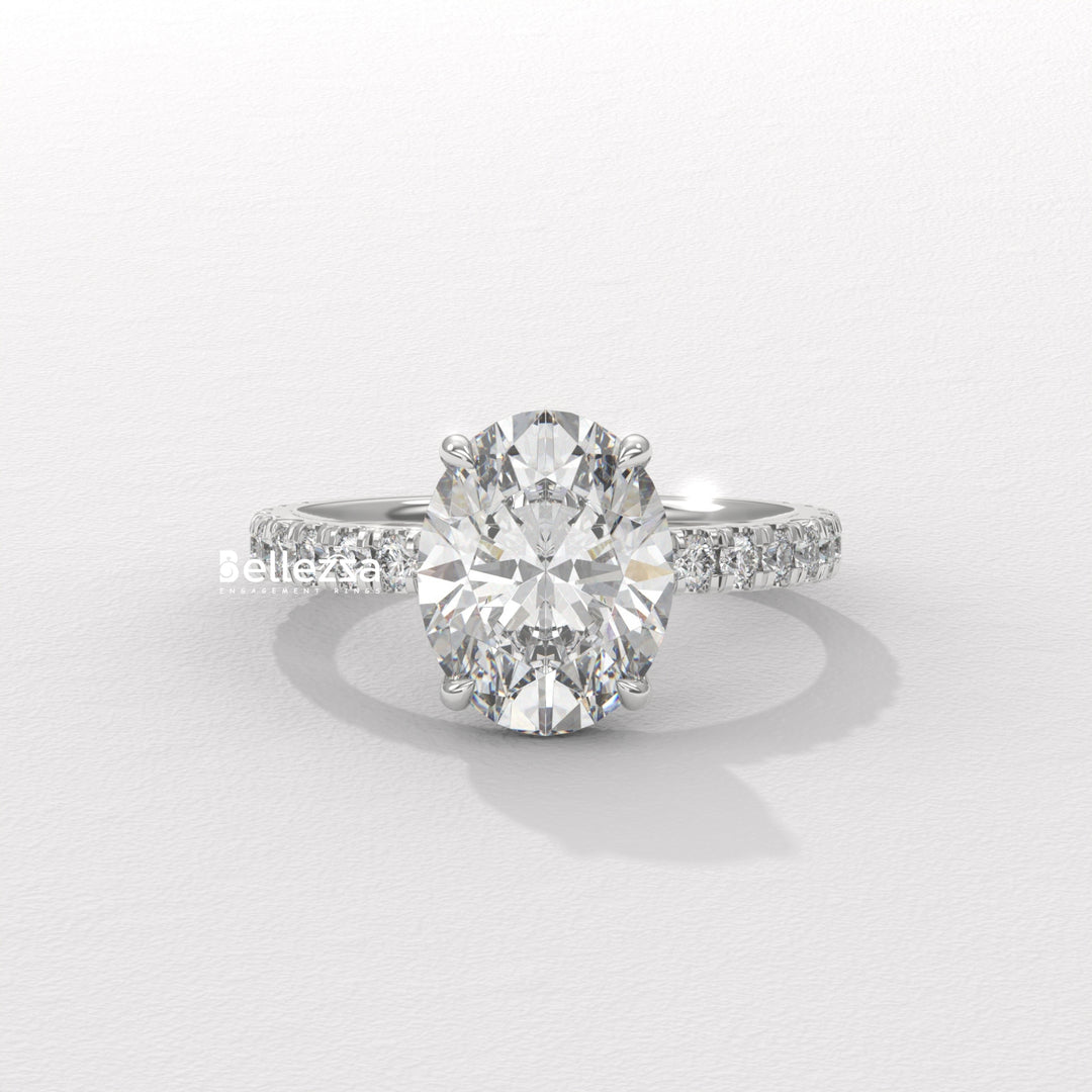 1.50-2.50CT Oval Diamond Pave Setting Hidden Halo Lab Grown Engagement Ring