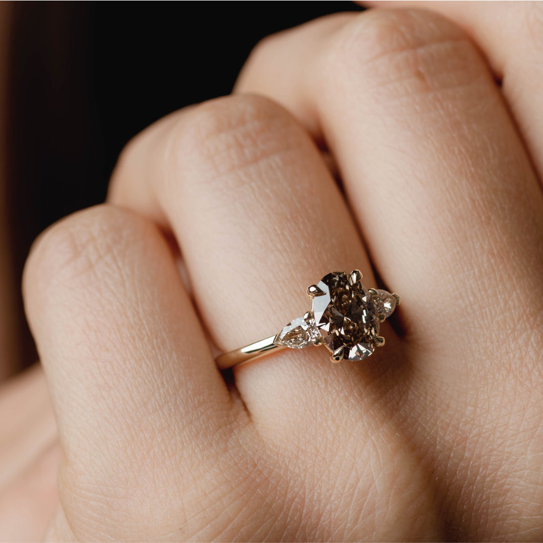 1.50CT Fancy Brown Oval Diamond Three Stone Lab Grown Engagement Ring