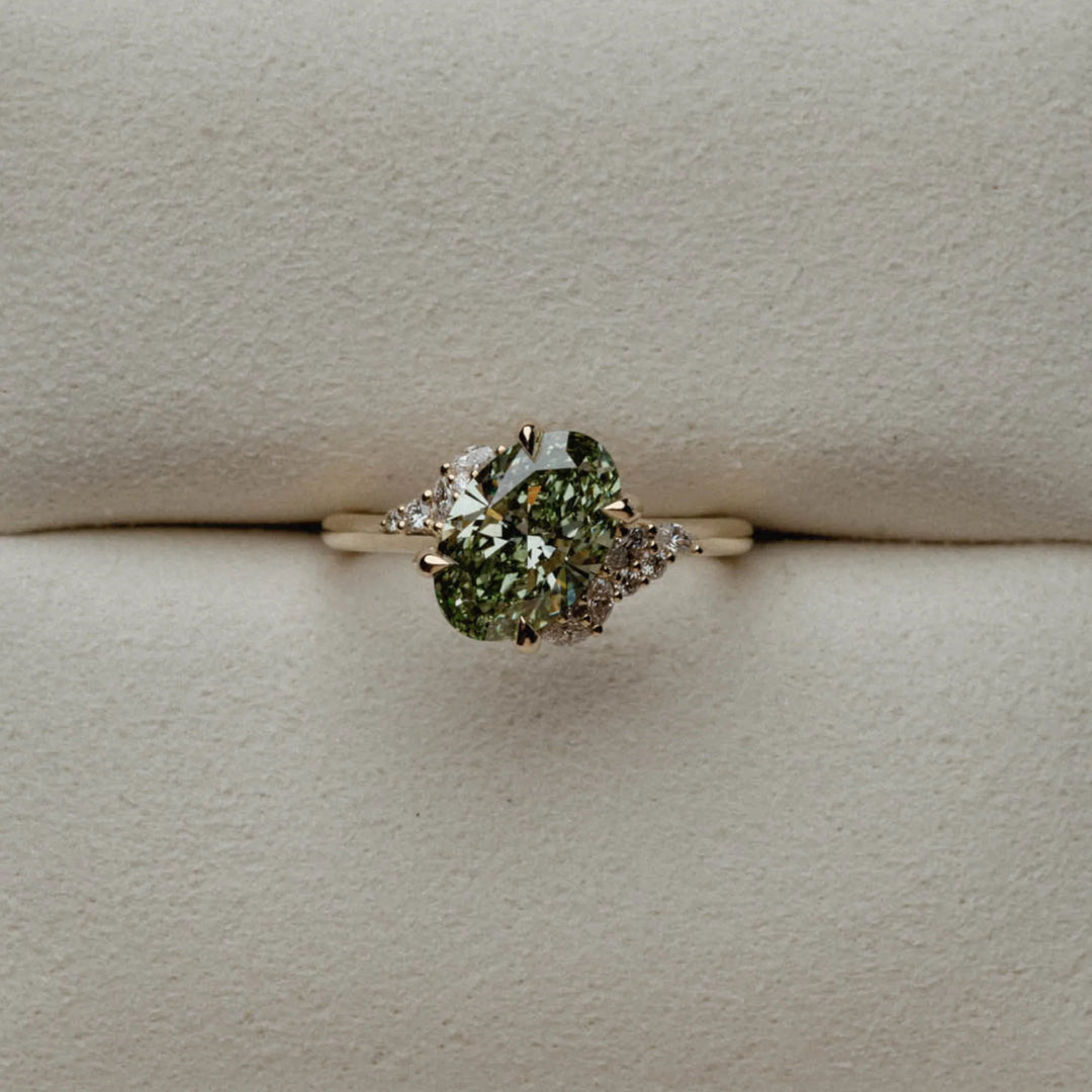 2.0CT Oval Cut Fancy Green Lab Grown Diamond Cluster Engagement Ring