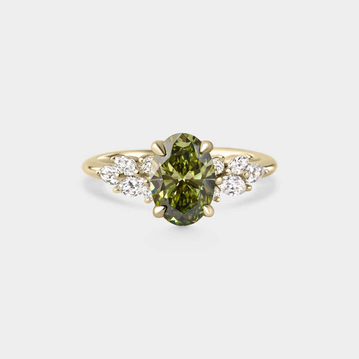 2.0CT Fancy Green Oval Diamond Cluster Setting Lab Grown Engagement Ring