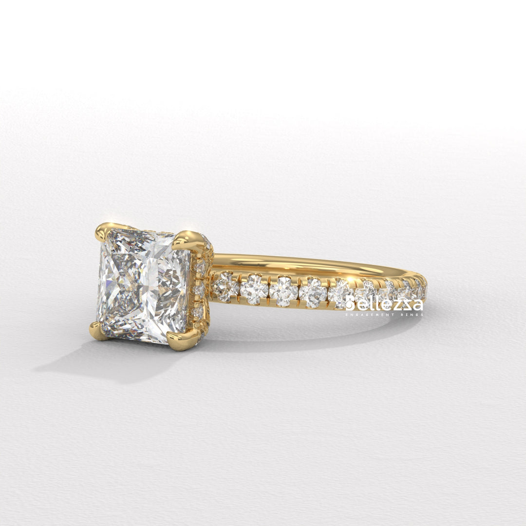 1.0-2.0CT Princess Cut CVD Diamond Pave Setting Engagement Ring
