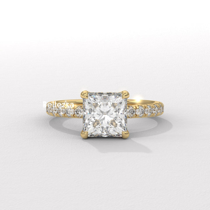 1.0-2.0CT Princess Cut CVD Diamond Pave Setting Engagement Ring