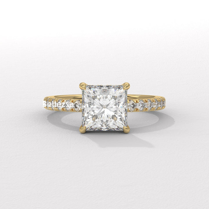 1.0-2.0CT Princess Cut Lab Grown Diamond Pave Setting Engagement Ring