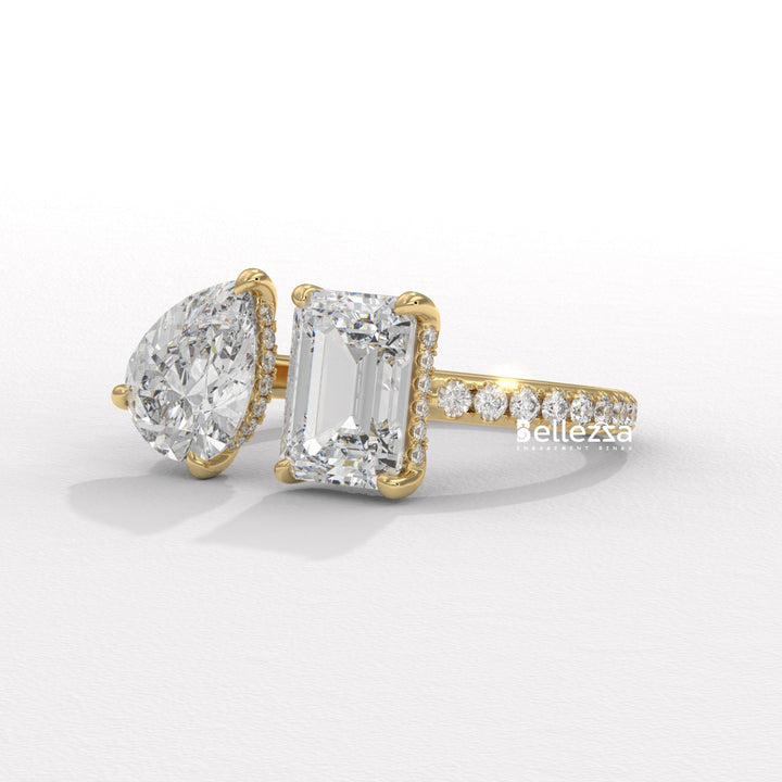1.0CT Pear & Emerald Cut Hidden Halo Open Style Two Stone Lab Grown Ring