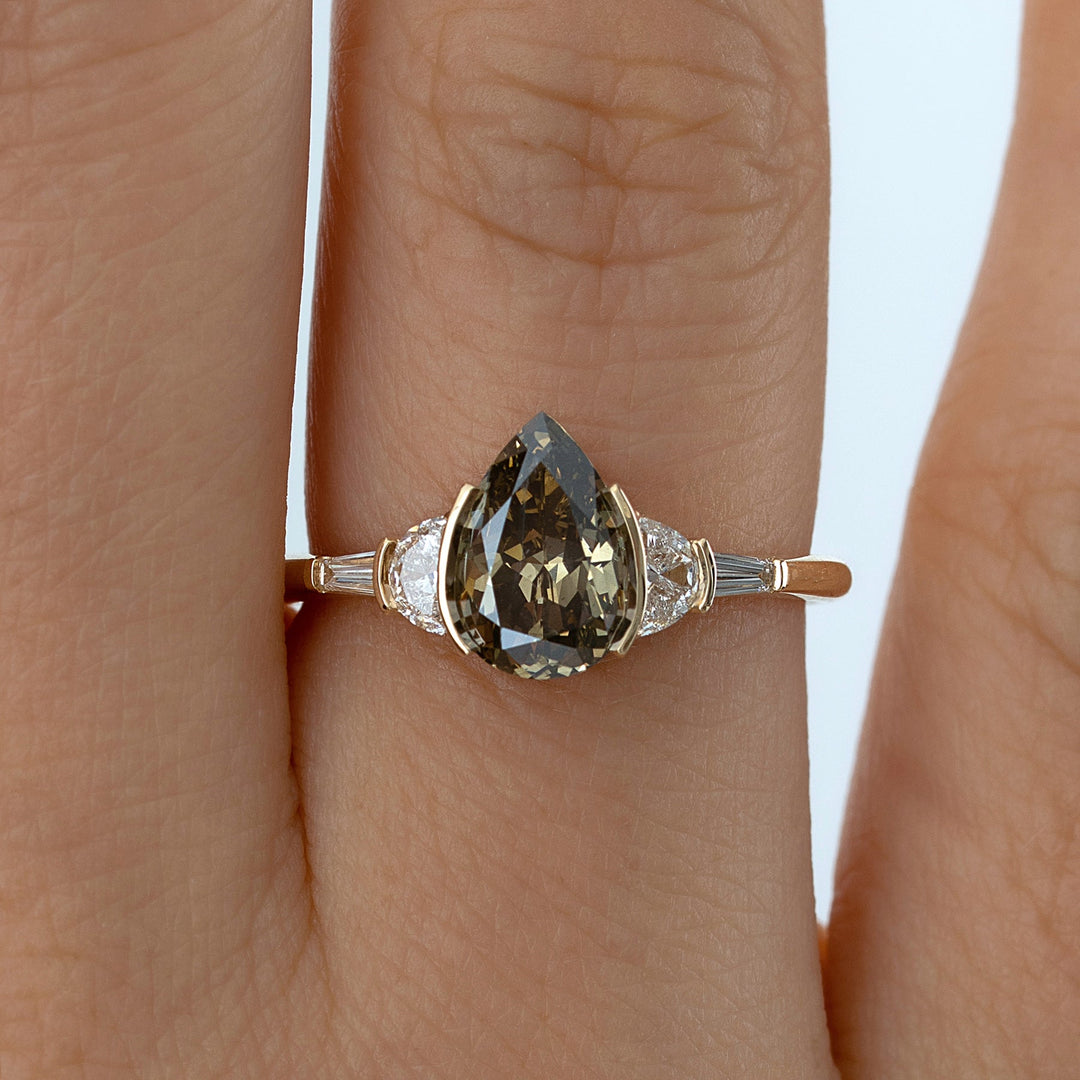 1.50CT Brown-Greenish Pear Five Stone Lab Grown Engagement Ring