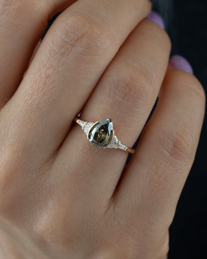 1.50CT Brown-Greenish Pear Five Stone Lab Grown Engagement Ring
