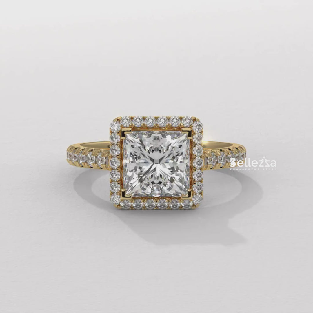 1.0-2.0CT Princess Cut Halo Pave Lab Grown Engagement Ring