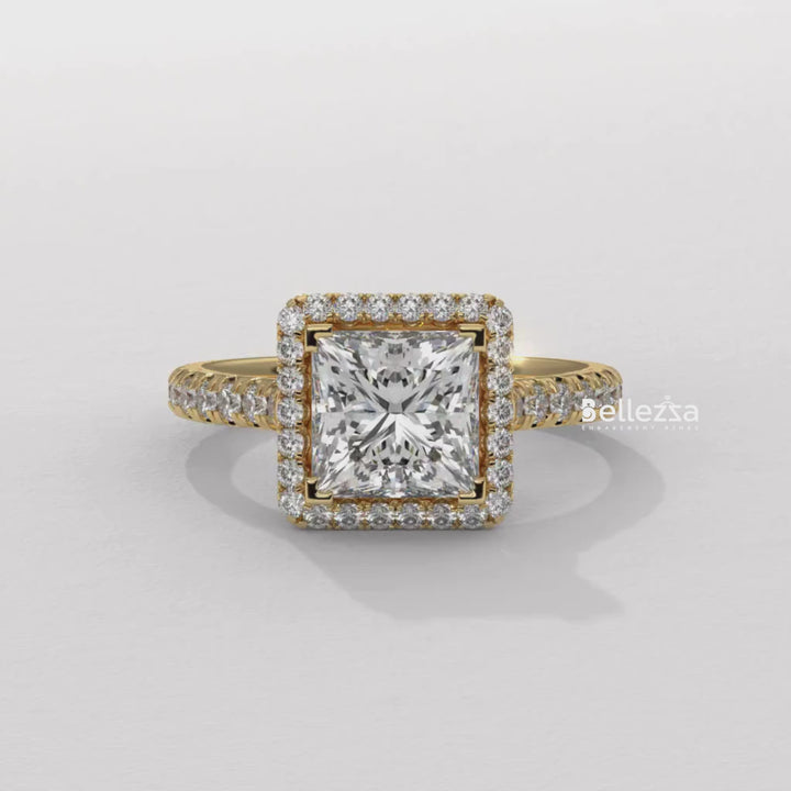 1.0-2.0CT Princess Cut Halo Pave Lab Grown Engagement Ring