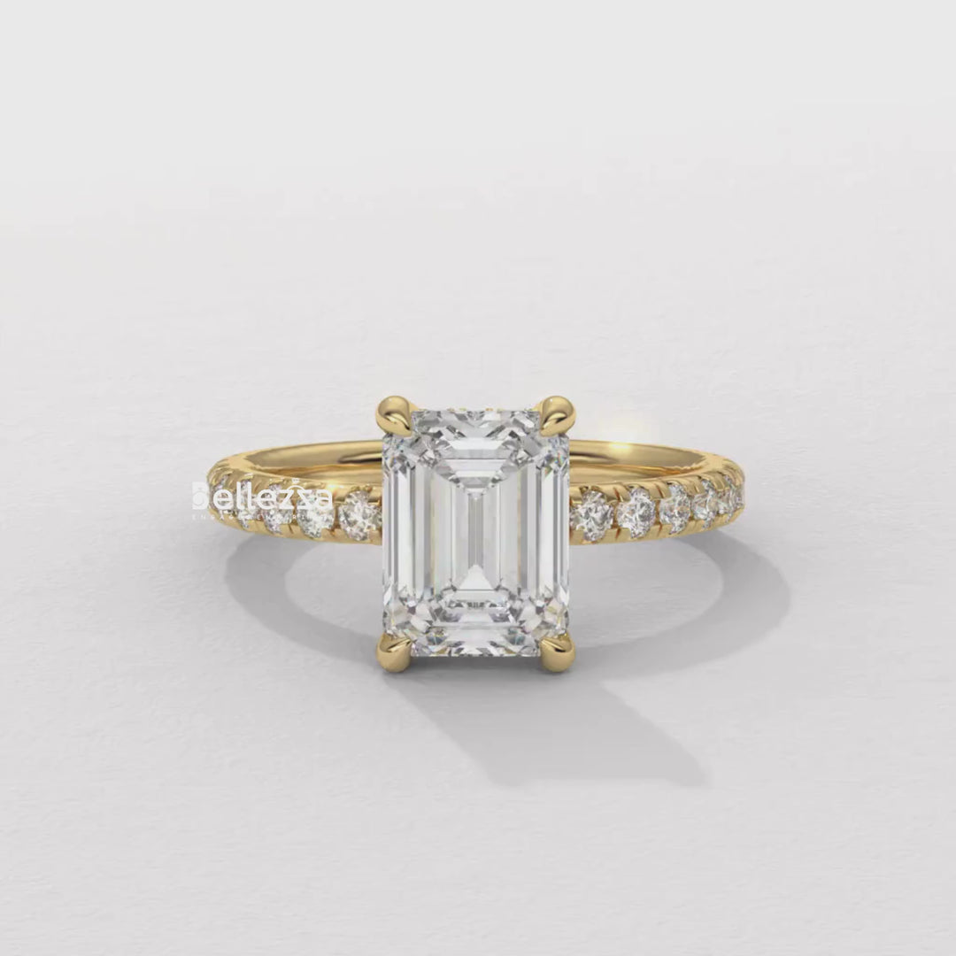 1.50-2.50CT Emerald Cut Lab Grown Diamond Pave Setting Engagement Ring