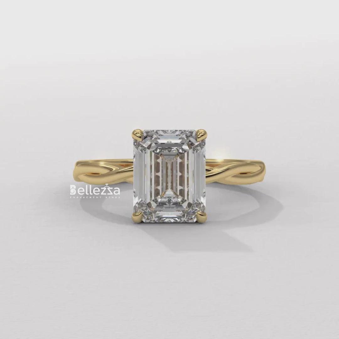2.0-3.0CT Emerald Cut Twisted Hidden Halo Lab Grown Engagement Ring