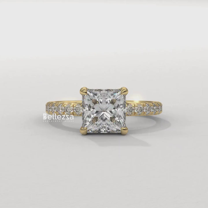 1.0-2.0CT Princess Cut CVD Diamond Pave Setting Engagement Ring