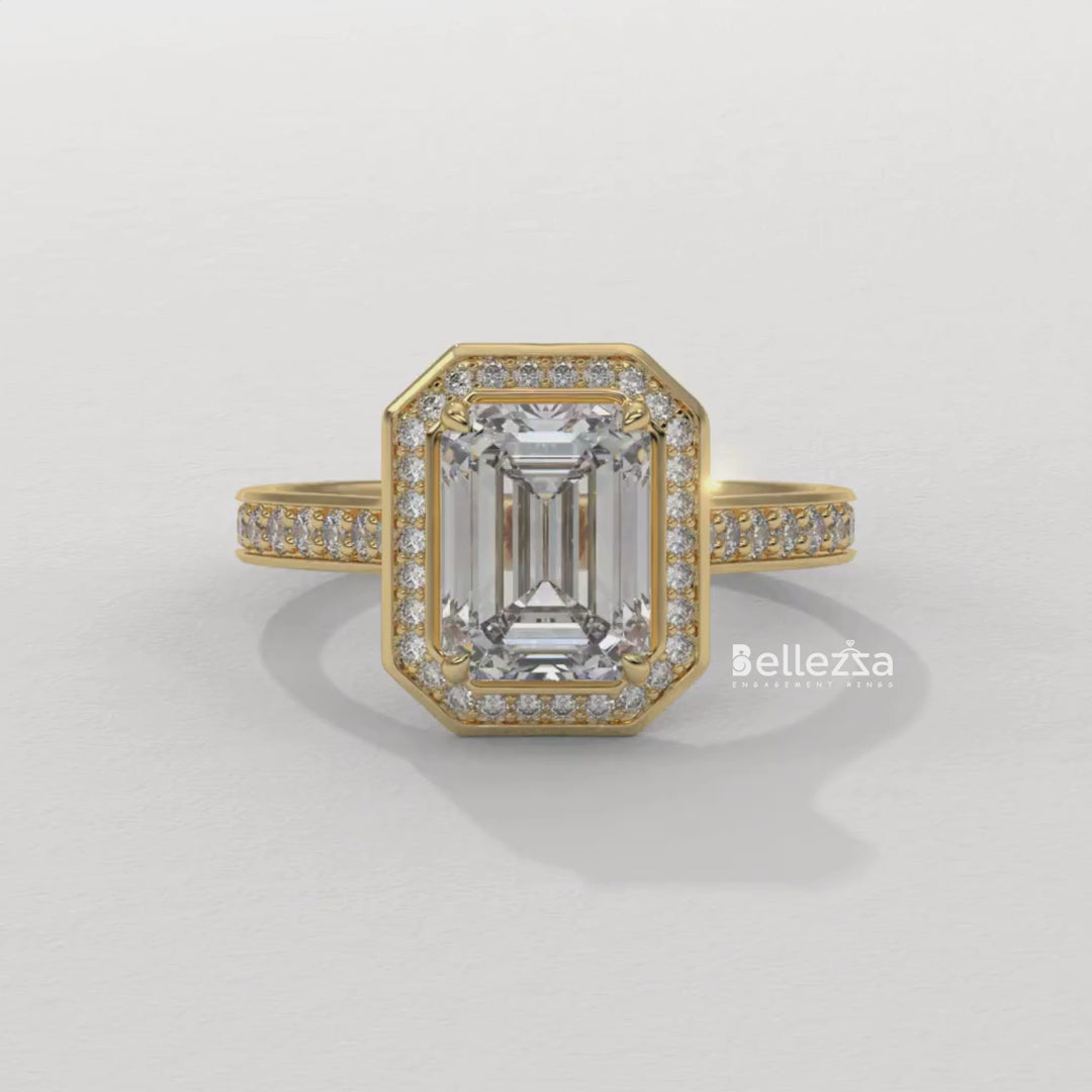 2.0-3.0CT Emerald Cut CVD Diamond Halo Pave Set Engagement Ring