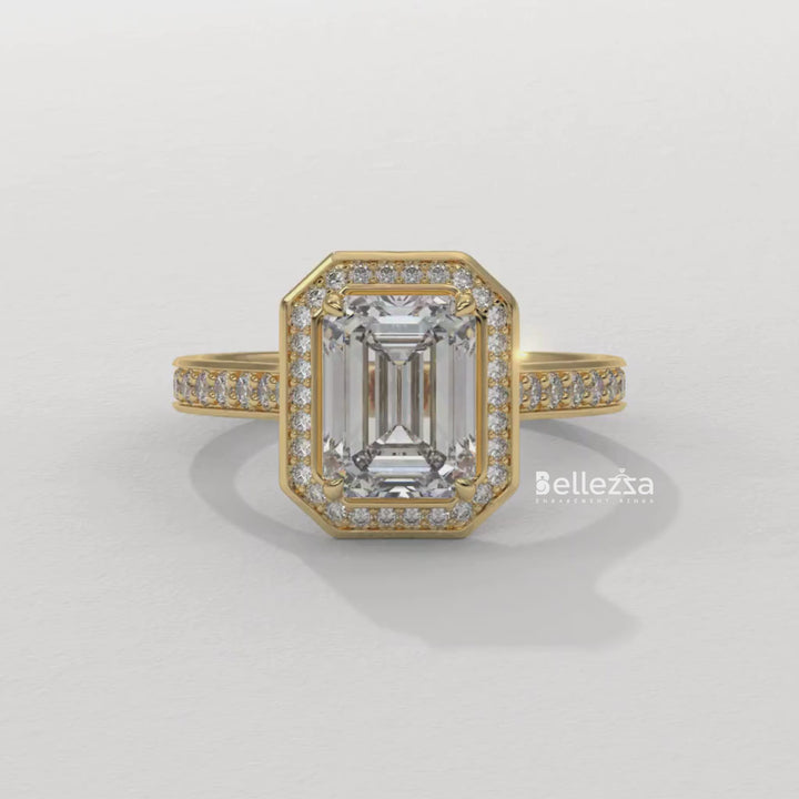 2.0-3.0CT Emerald Cut CVD Diamond Halo Pave Set Engagement Ring