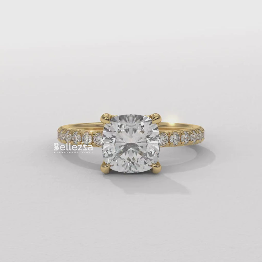 1.0-2.0CT Cushion Cut Diamond Pave Setting Lab Grown Engagement Ring