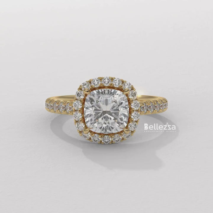 1.0-2.0CT Cushion Cut CVD Diamond Halo Pave Setting Engagement Ring