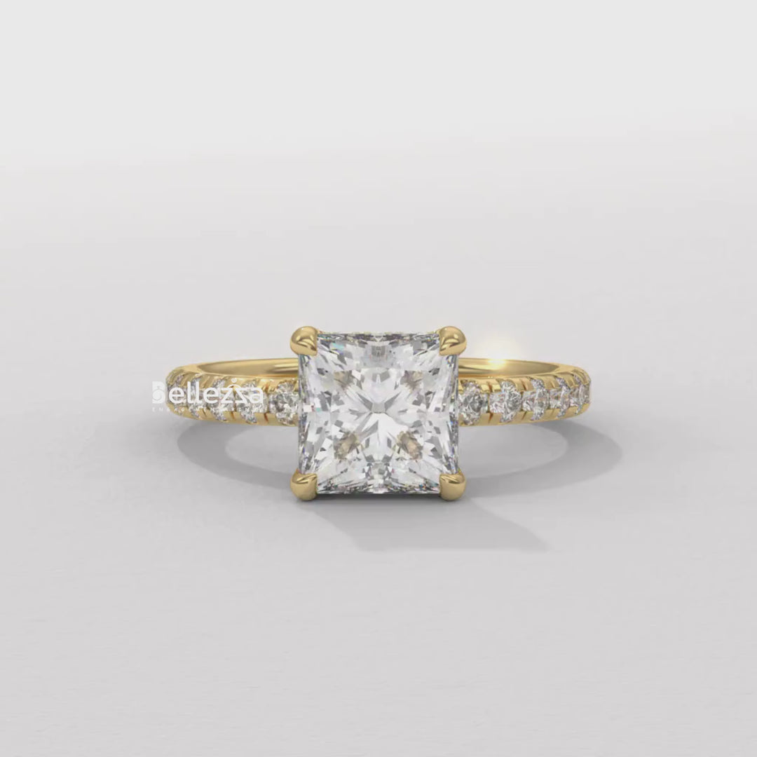 1.0-2.0CT Princess Cut CVD Diamond Pave Setting Engagement Ring