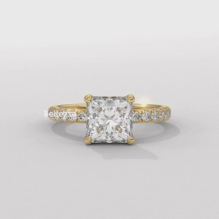 1.0-2.0CT Princess Cut CVD Diamond Pave Setting Engagement Ring