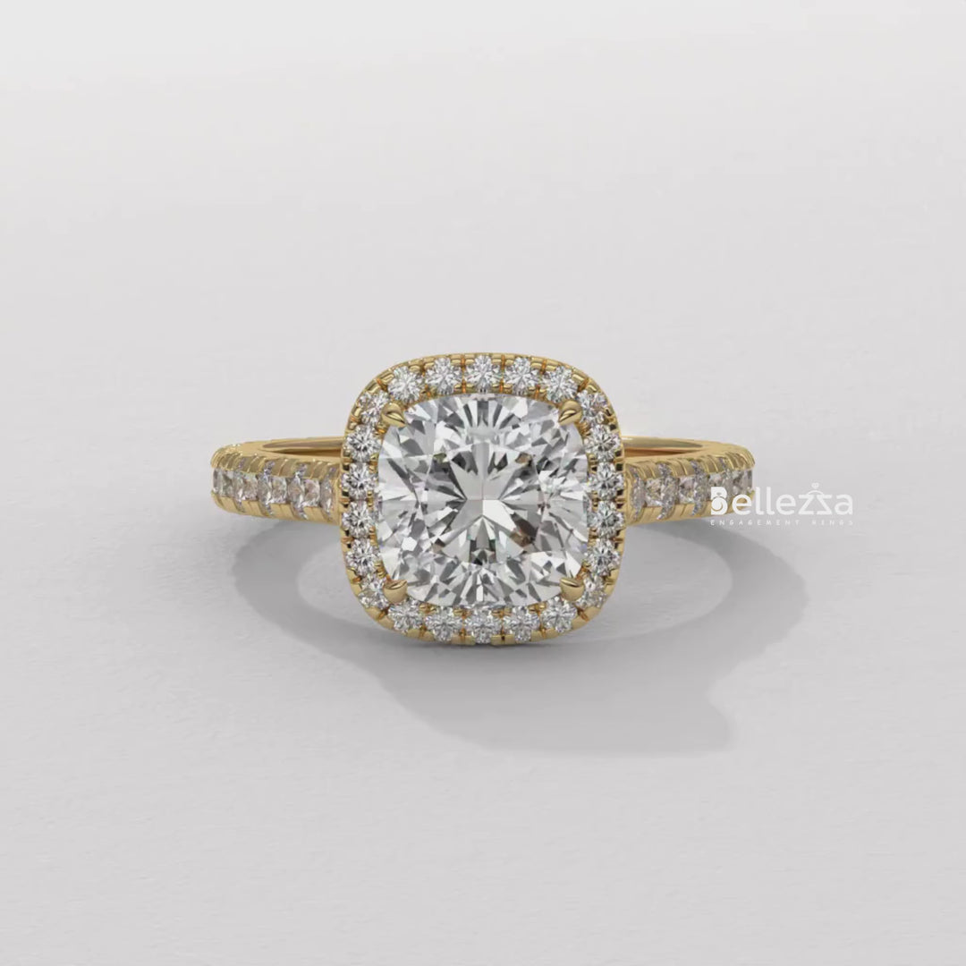 1.0-2.0CT Cushion Cut Halo Pave Setting CVD Diamond Engagement Ring