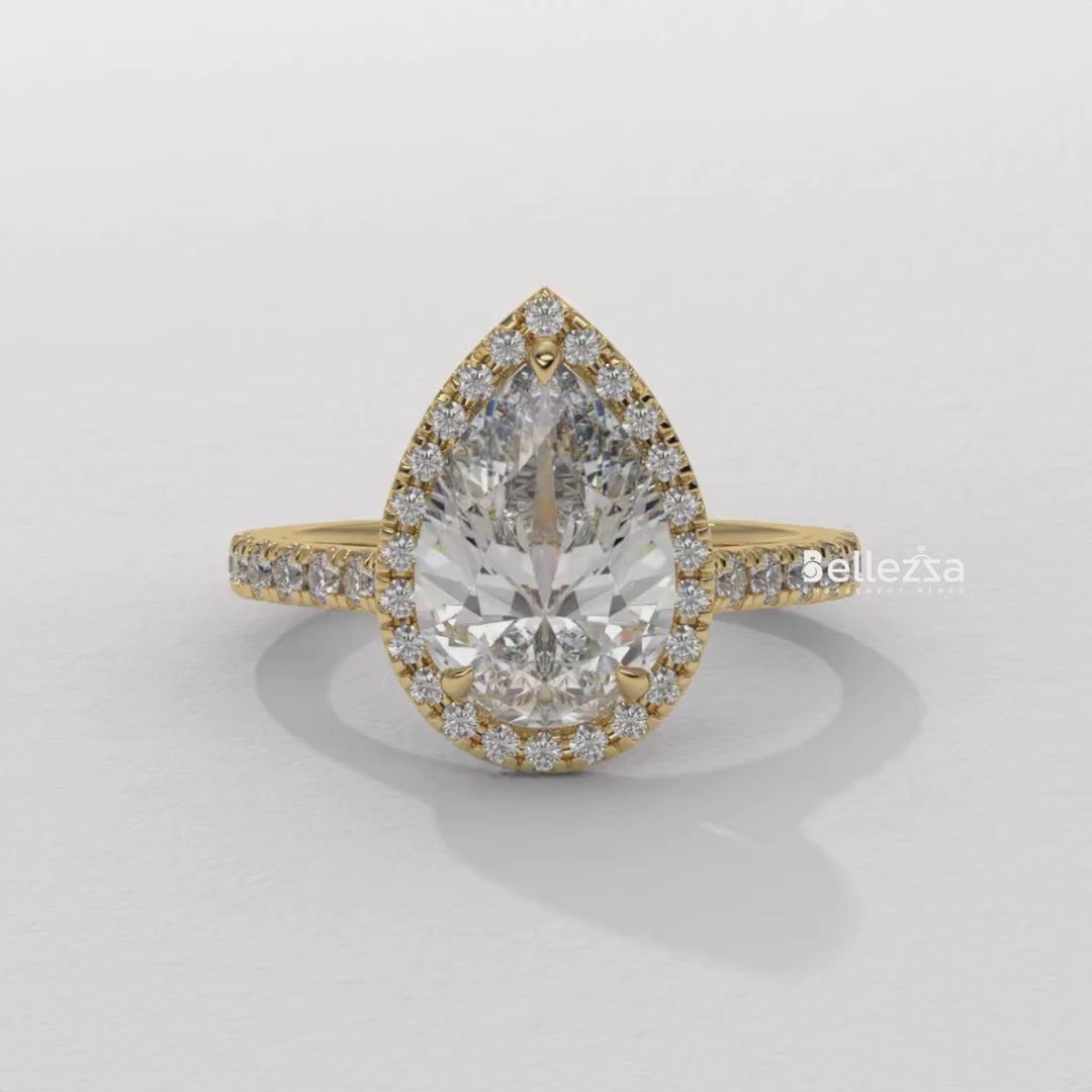 1.50-2.50CT Pear Cut CVD Diamond Halo Pave Setting Engagement Ring