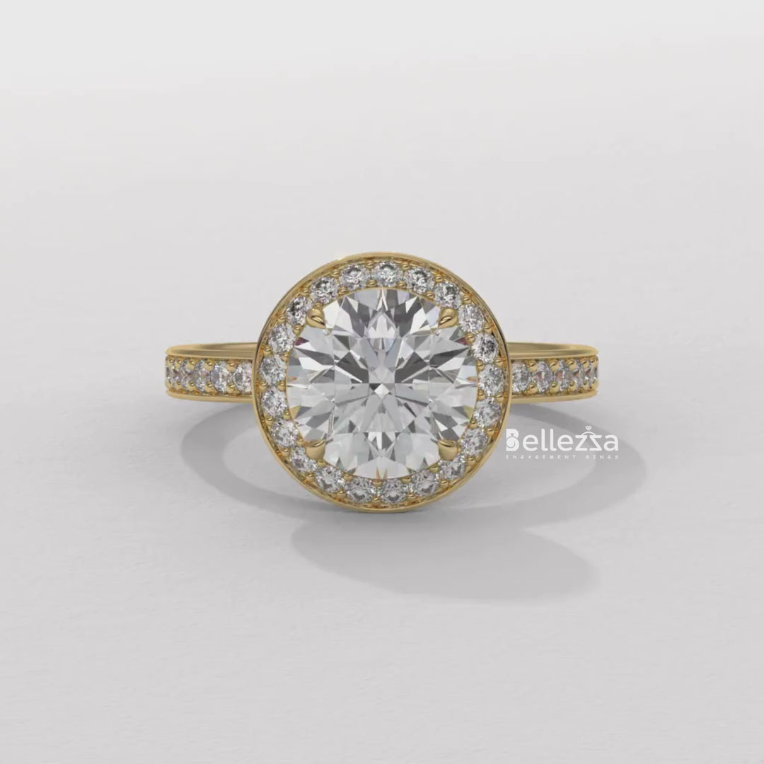 1.50-2.50CT Round Cut CVD Diamond Halo Pave Setting Engagement Ring