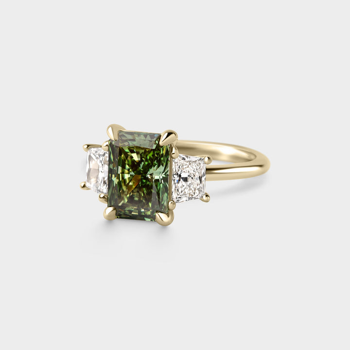 3.0CT Fancy Green Radiant Diamond Three Stone Lab Grown Engagement Ring