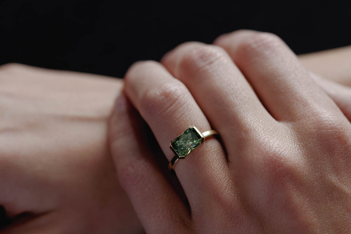 2.50CT Fancy Green East-West Radiant Diamond Half Bezel Setting Lab Grown Ring