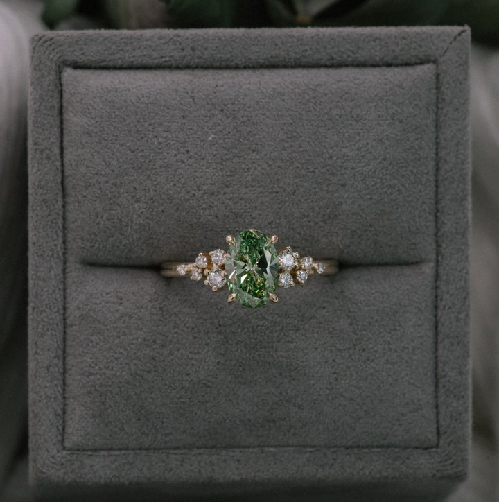 1.0CT Fancy Green Oval Cut Cluster Setting Lab Grown Engagement Ring