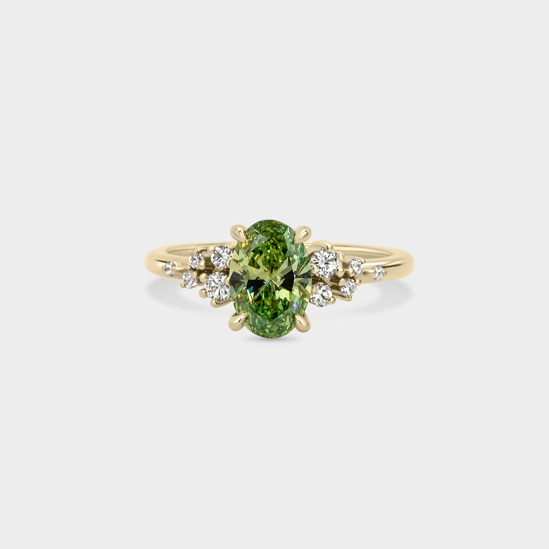 1.0CT Fancy Green Oval Cut Cluster Setting Lab Grown Engagement Ring
