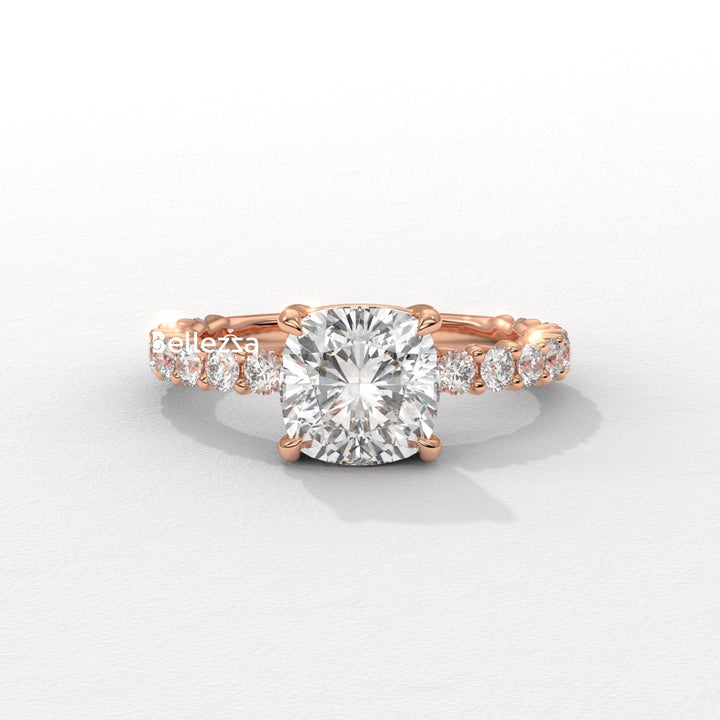 1.50-2.50CT Cushion Diamond Pave Setting Lab Grown Engagement Ring