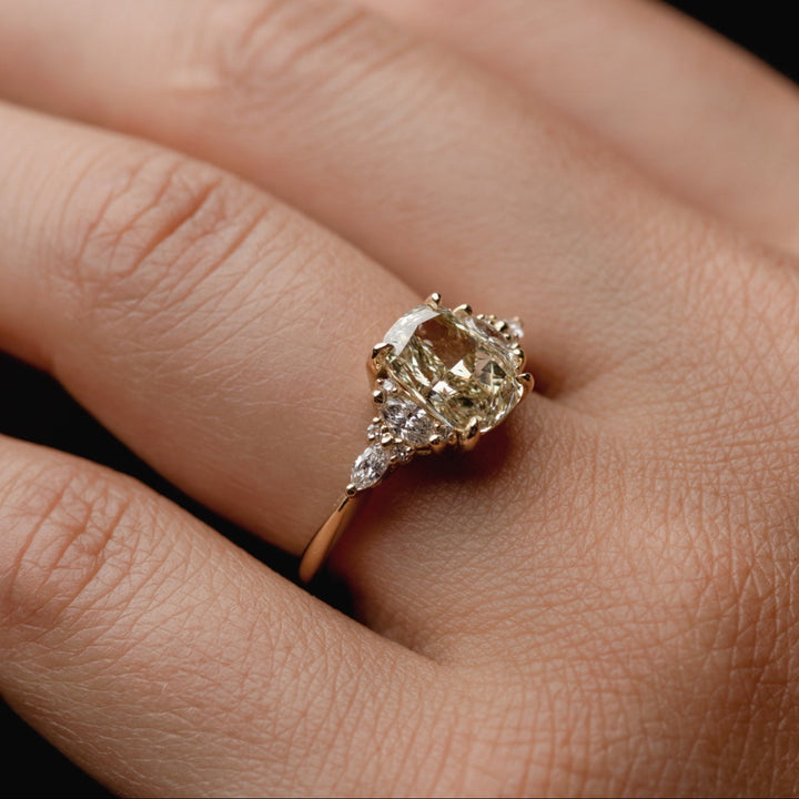 2.0CT Fancy Light Yellow Elongated Cushion Cut Three Stone Lab Grown Ring