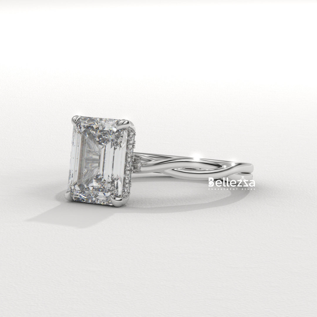 2.0-3.0CT Emerald Cut Twisted Hidden Halo Lab Grown Engagement Ring