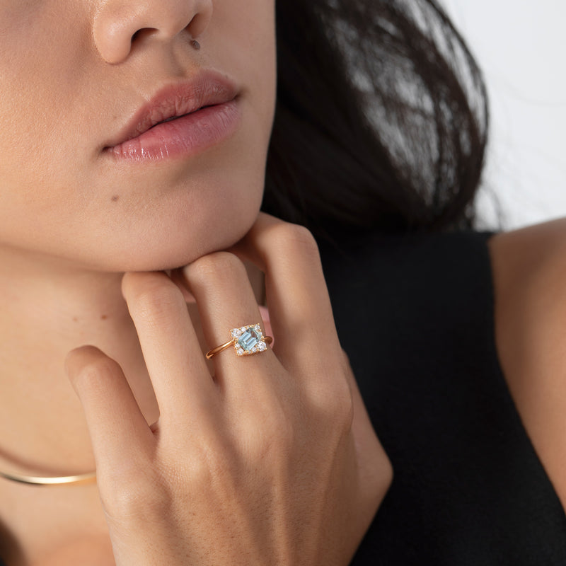 1.0CT Light Blue Sapphire Emerald Cut cluster Setting Lab Grown Engagement Ring