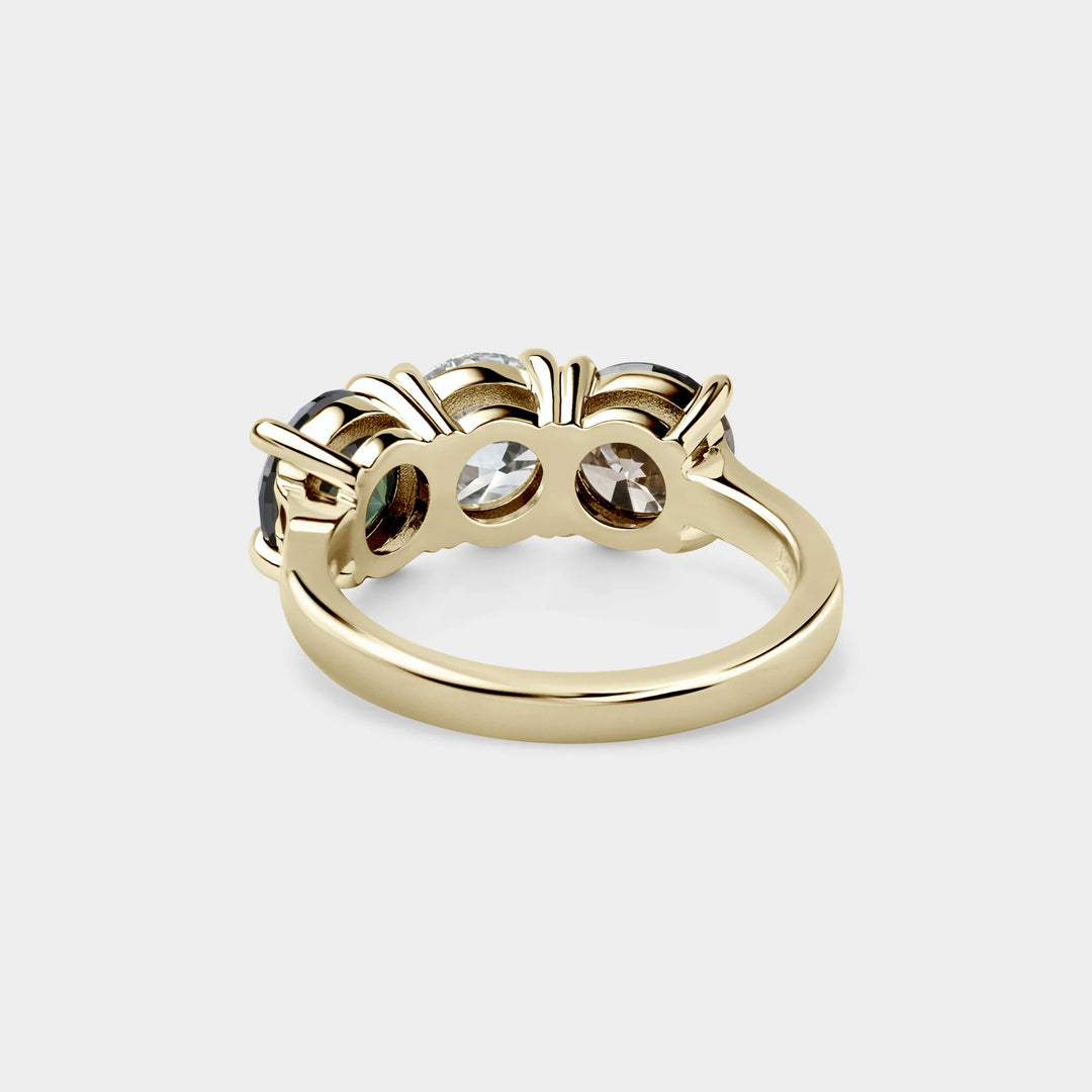 Round Diamond Three Stone White, Champagne & Green Sapphire Lab Grown Ring