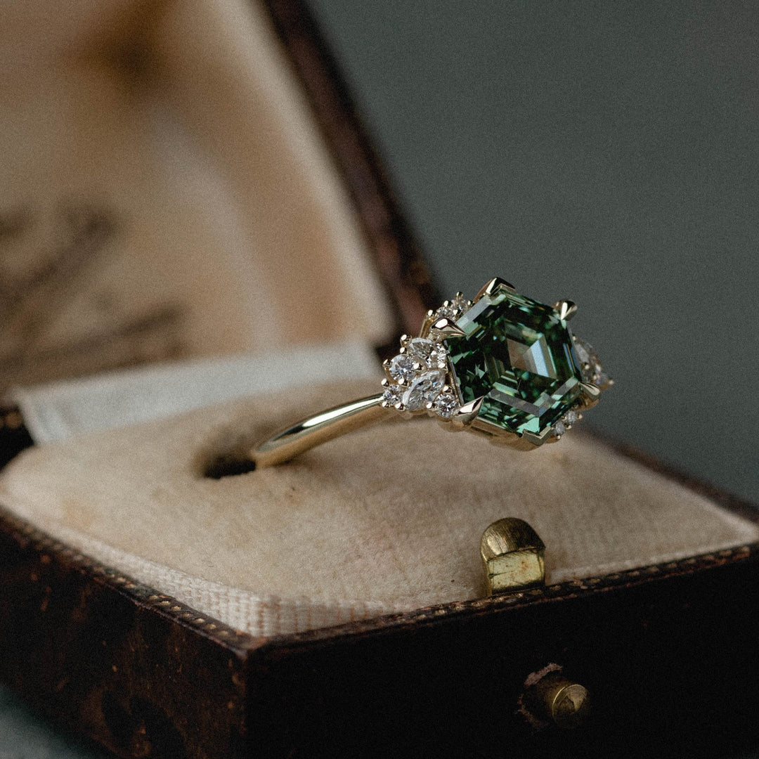 2.50CT Hexagon Shape Green Diamond Cluster Setting Lab Grown Engagement Ring