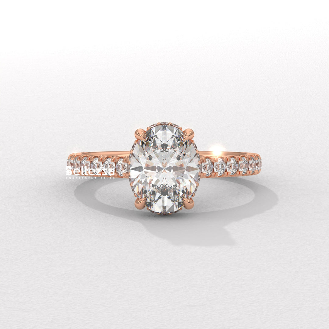 1.0-2.0CT Oval Diamond Pave Setting Hidden Halo Lab Grown Engagement Ring