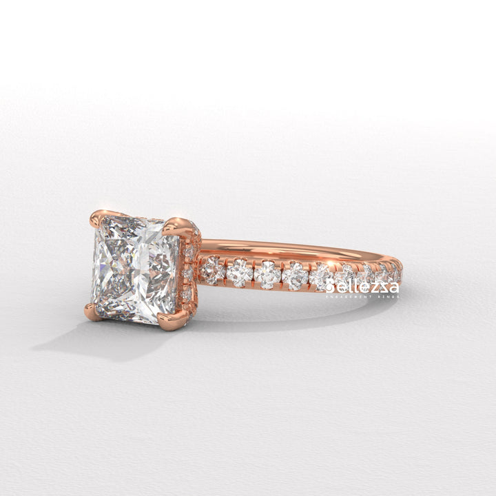 1.0-2.0CT Princess Cut CVD Diamond Pave Setting Engagement Ring
