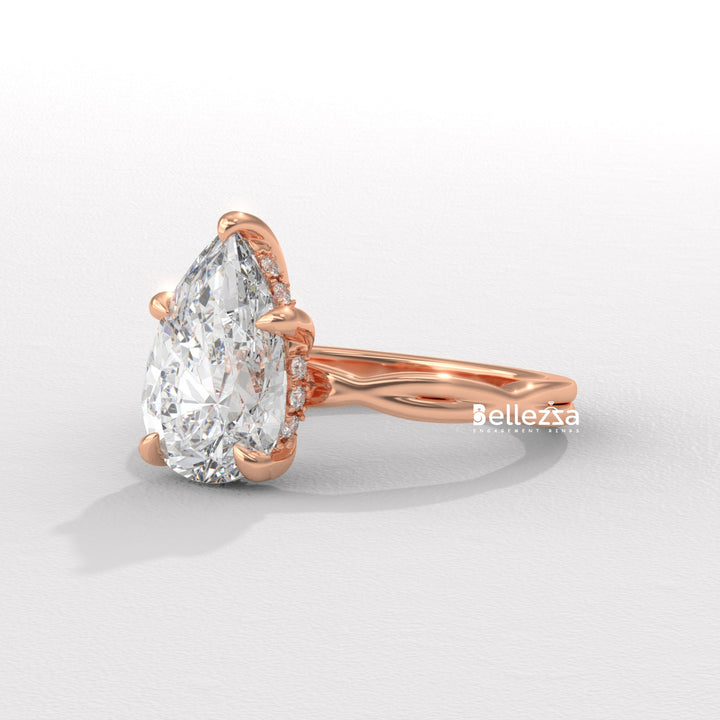 1.50-2.50CT Pear Cut Twisted Hidden Halo CVD Diamond Engagement Ring