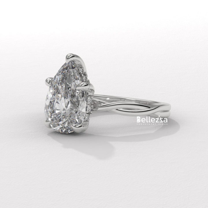 1.50-2.50CT Pear Cut Twisted Hidden Halo CVD Diamond Engagement Ring