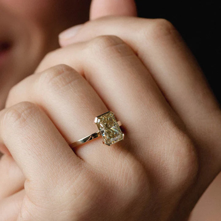 2.50CT Radiant Cut  Fancy Yellow Lab Grown Diamond Half Bezel Setting Engagement Ring