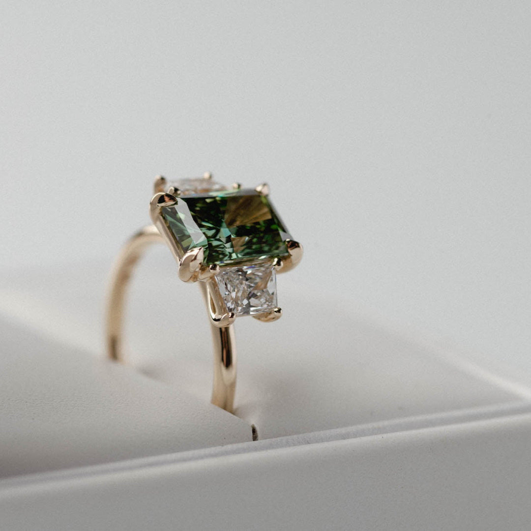 3.0CT Fancy Green Radiant Diamond Three Stone Lab Grown Engagement Ring