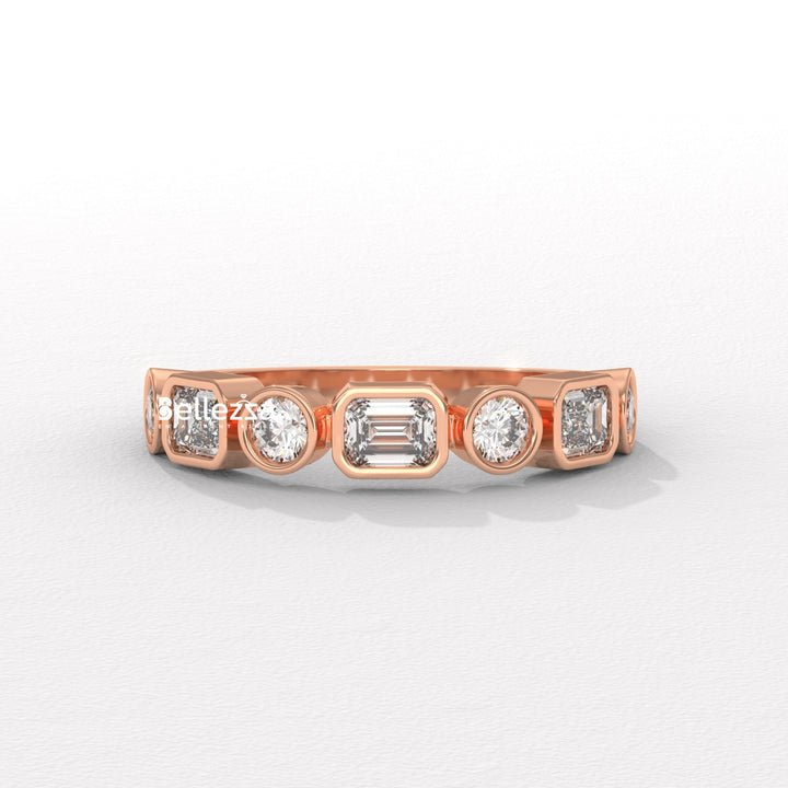 Round & Emerald Cut Diamond Half Eternity Lab Grown Wedding Band