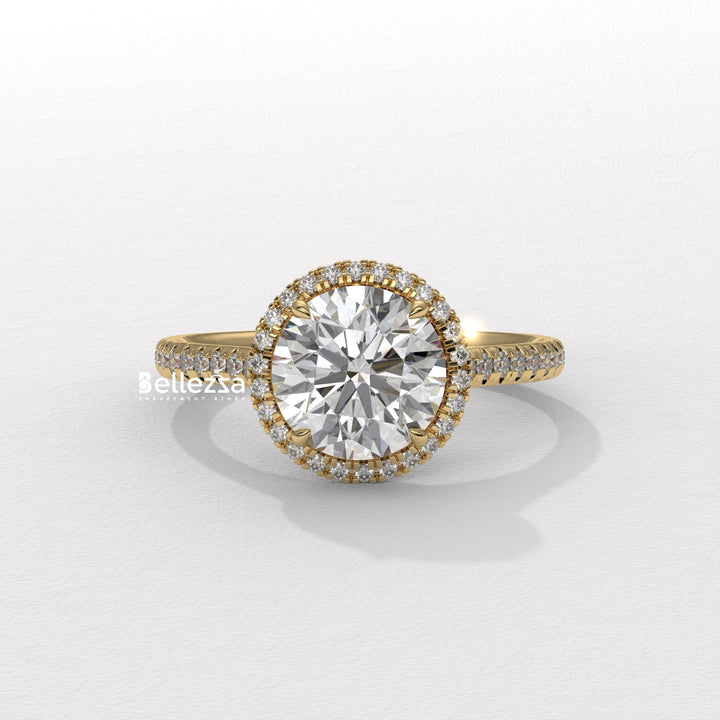 round cut pave setting ring, 18k gold engagement ring, elegant round diamond ring, round diamond prong setting